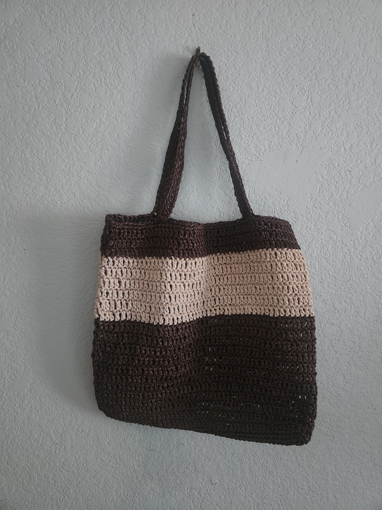 None Handbags - Handmade Raffia Brown and Cream Crochet Tote Bag